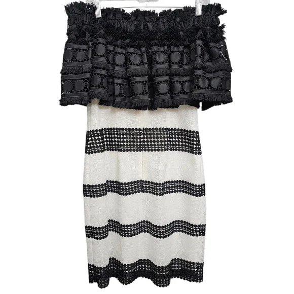 Nwot Badgley Mischka Black/White Off Shoulder Fringed Shortsleeve Ruffle Dress - Picture 5 of 17